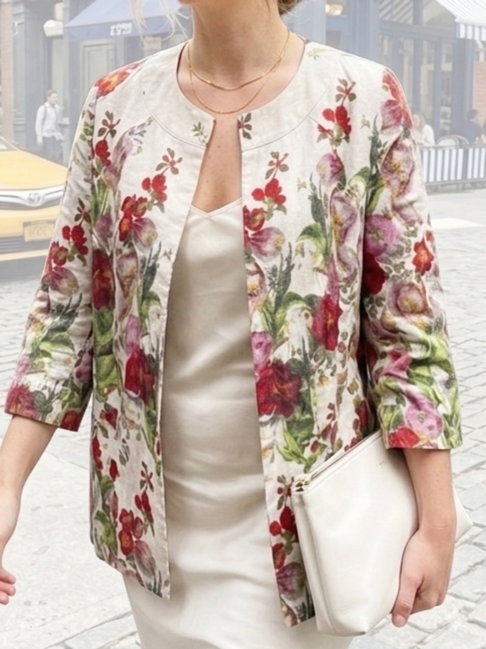 Eva Franco Floral 100% Linen Jacket L Botanical Flutter Sleeve Boho Chic Modest